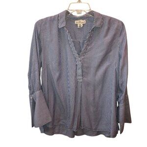 LOGG Womens Size 14 Blue White Pinstripe Long Bell Sleeve Collared Shirt Top